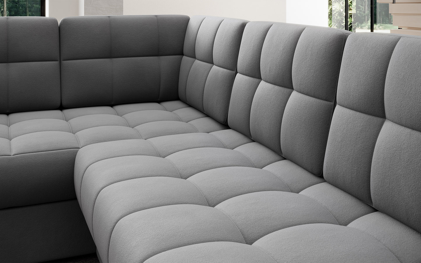 Pikowane siedzisko narożnika w wersji prawej Blewett Sola 04 jasnoszary. Komfortowy i estetyczny detal w modnym stylu wypoczynkowym.