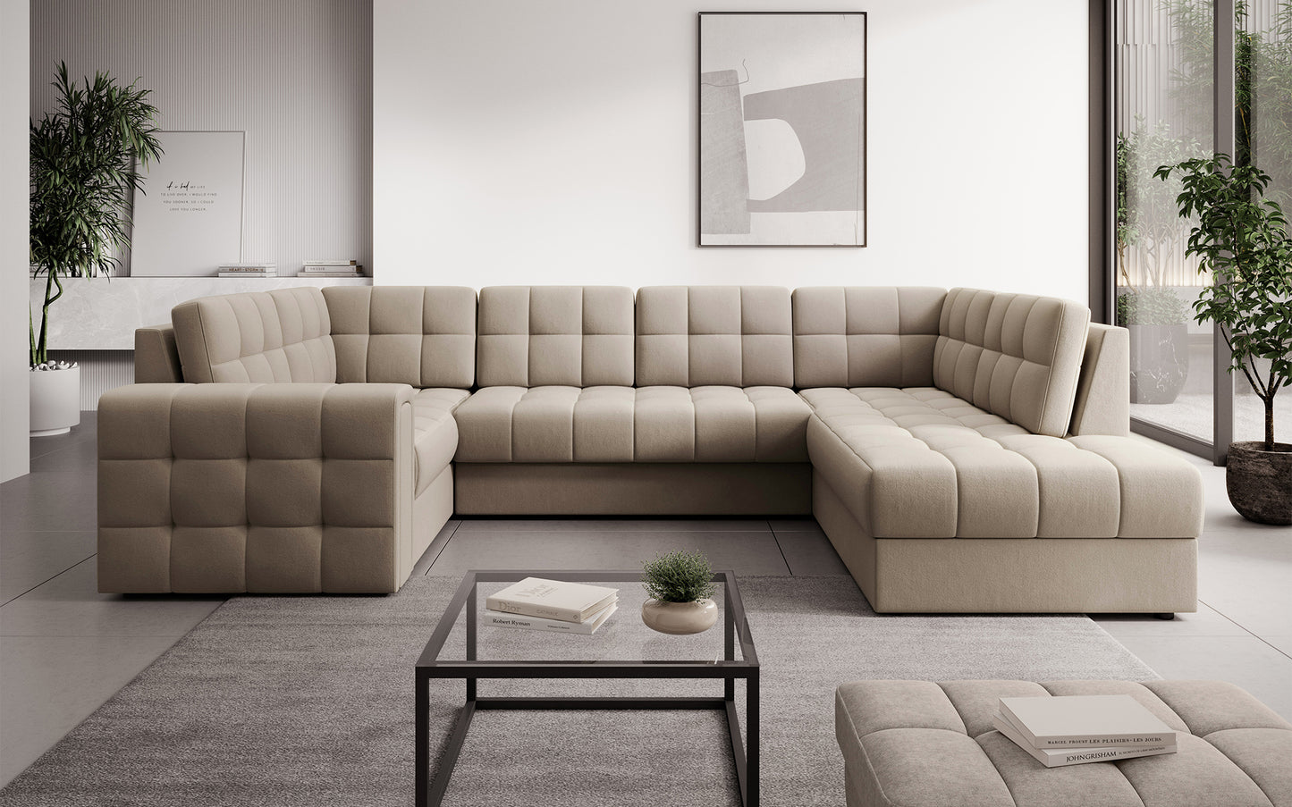 Narożnik Blewett Sola 18 jasnobeżowy w jasnym, eleganckim salonie z dużymi oknami i grafiką. Stylowy, wygodny mebel wypoczynkowy do nowoczesnych wnętrz.