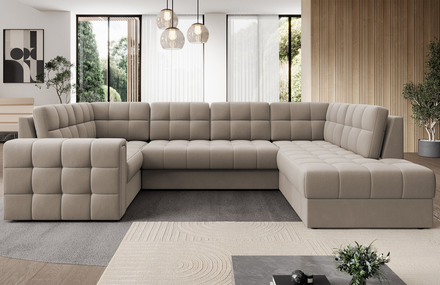 Narożnik w wersji prawej Blewett Sola 18 beżowy w eleganckim salonie. Stylowy design, komfort i pikowana tapicerka w nowoczesnym, przytulnym wnętrzu.