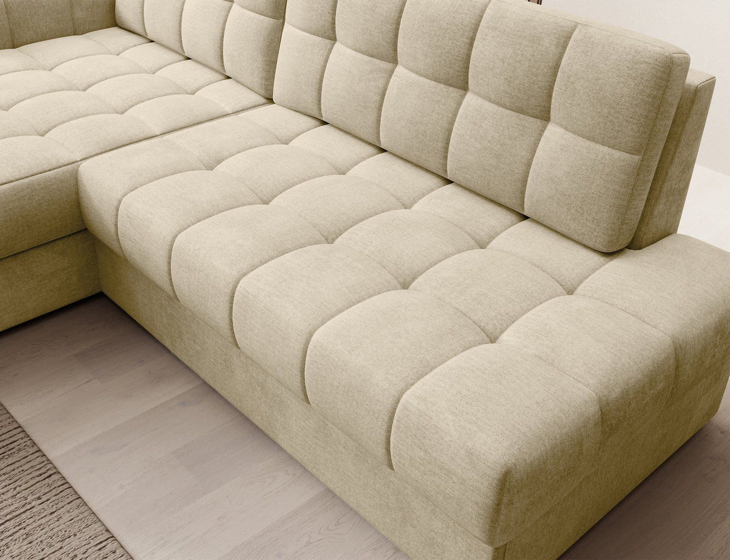 Nowoczesne, głęboko pikowane siedzisko narożnika Blezalt w jasnobeżowej tkaninie Monolith 04 – styl i wygoda do każdego salonu.