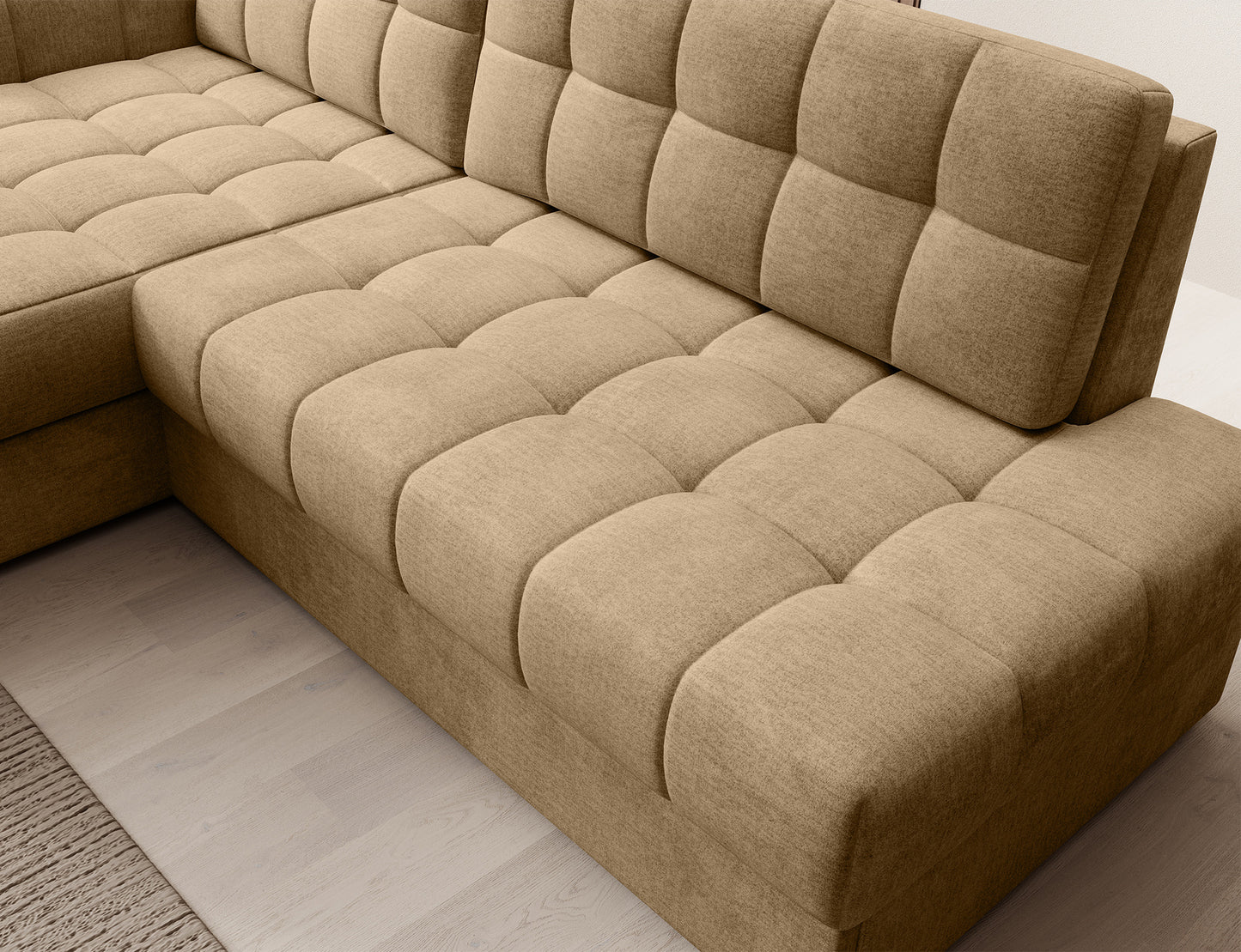 Widok z góry na siedzisko narożnika Blezalt lewy w tkaninie Monolith 09 beżowy, z miękkim pikowaniem i wyraźnie zaokrąglonymi brzegami.