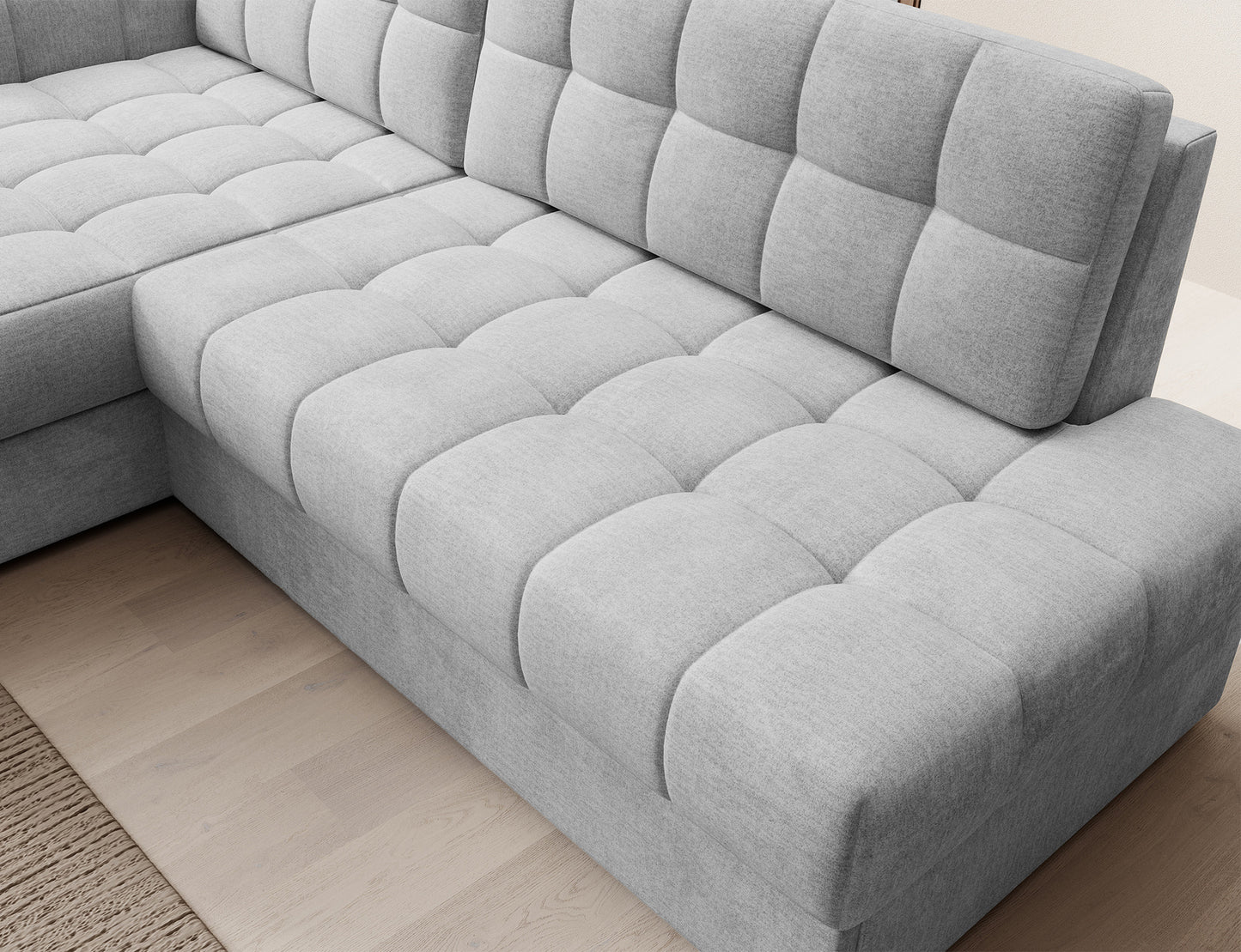 Zbliżenie na siedzisko narożnika Blezalt lewy w tkaninie Monolith 84 jasnoszary – komfortowe, pikowane poduszki w nowoczesnym stylu.