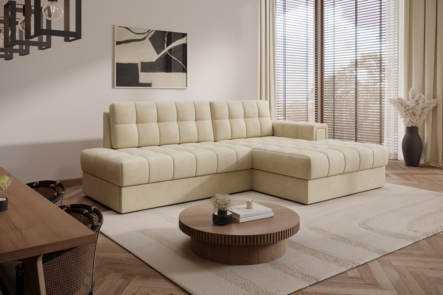 Nowoczesny narożnik Blezalt prawy w jasnobeżowej tkaninie Monolith 04 – stylowy mebel z funkcją spania do eleganckiego salonu.