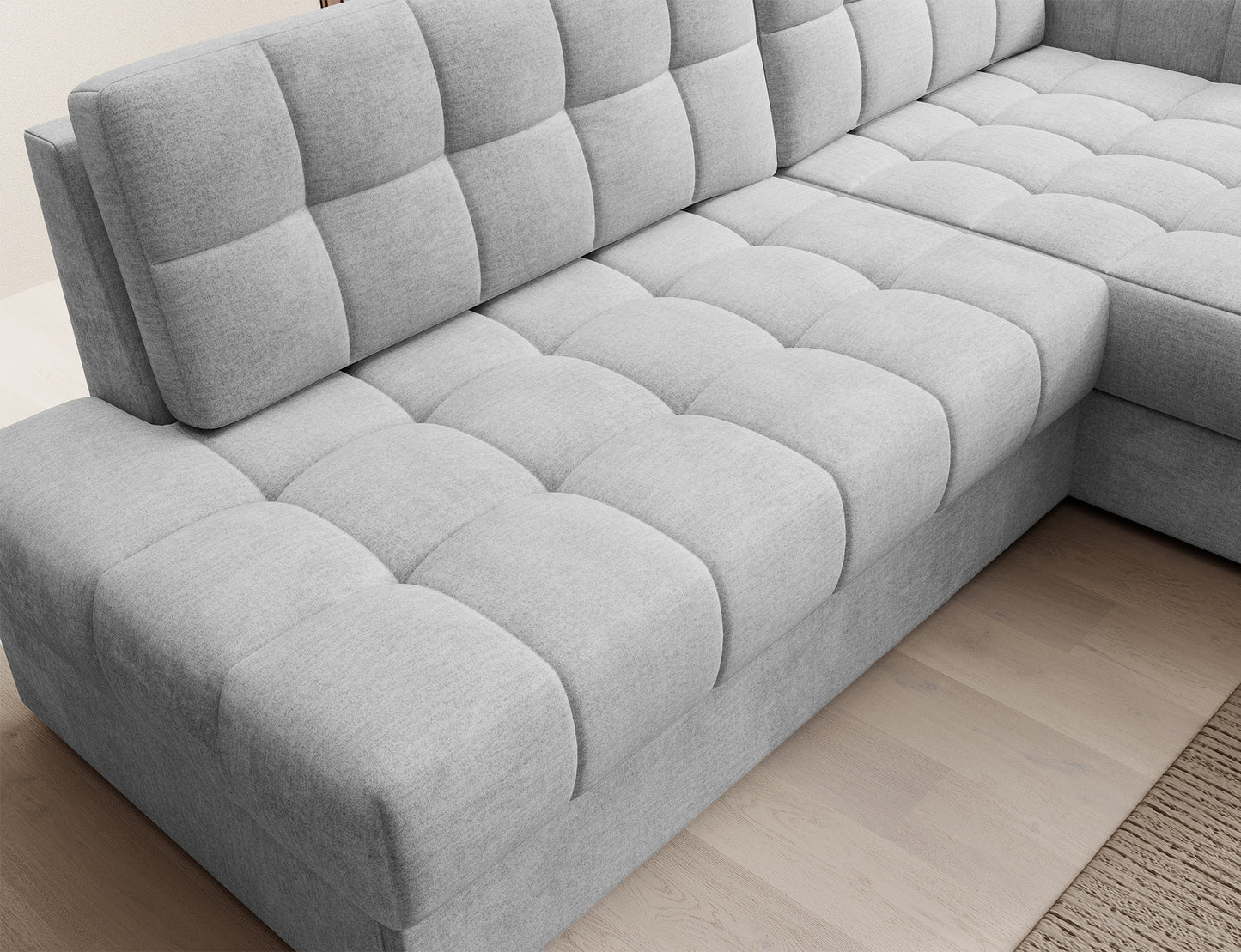 Pikowane siedzisko narożnika Blezalt prawy – tkanina Monolith 84 jasnoszary, nowoczesny styl i wysoki komfort użytkowania.