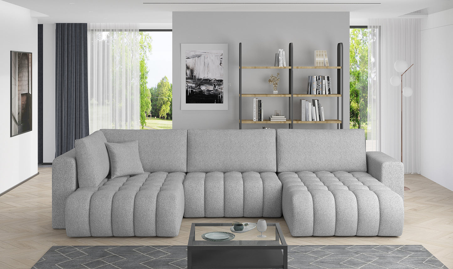 Narożnik Bonito w tkaninie Borneo 04 szary, modułowa sofa narożna ustawiona w jasnym, nowoczesnym salonie
