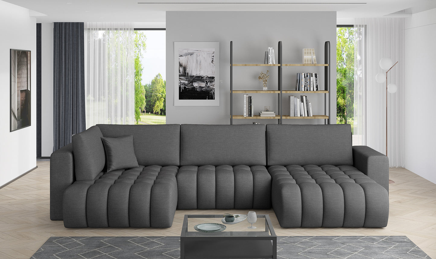 Narożnik Bonito w tkaninie Flores 05 ciemnoszary, modułowa sofa narożna ustawiona w nowoczesnym salonie