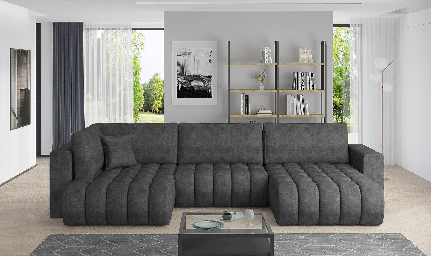 Narożnik Bonito w tkaninie Leve 05 ciemnoszary, modułowa sofa narożna ustawiona w jasnym, nowoczesnym salonie
