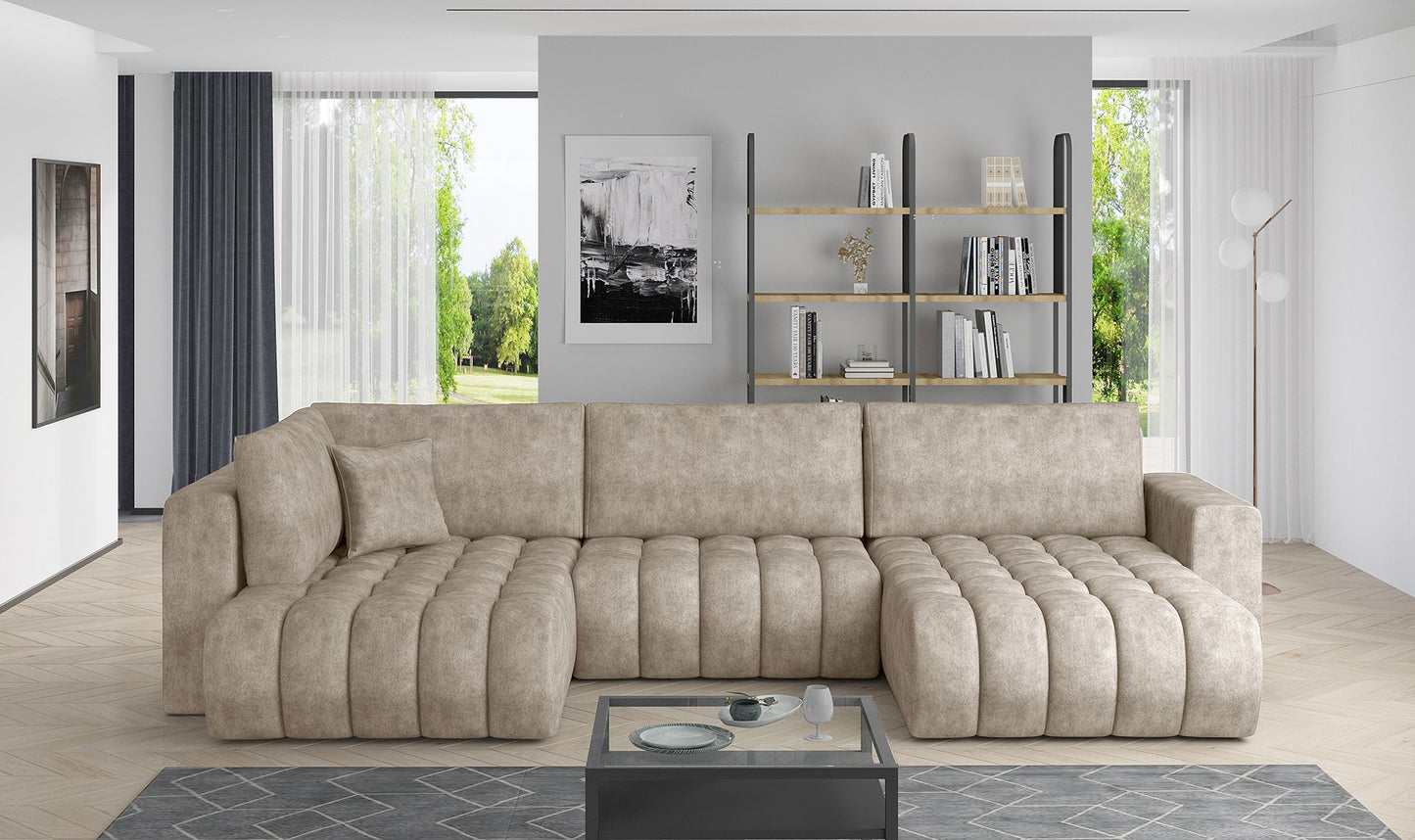 Narożnik Bonito w tkaninie Leve 18 beżowy, modułowa sofa narożna ustawiona w jasnym, nowoczesnym salonie