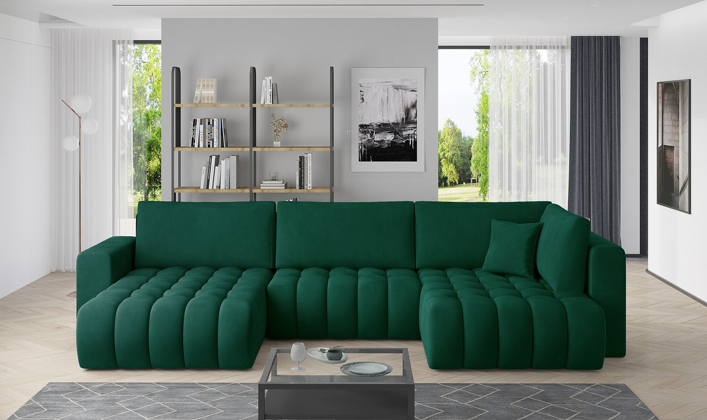 Narożnik Bonito w tkaninie Nube 35 zielony, modułowa sofa narożna ustawiona w nowoczesnym salonie