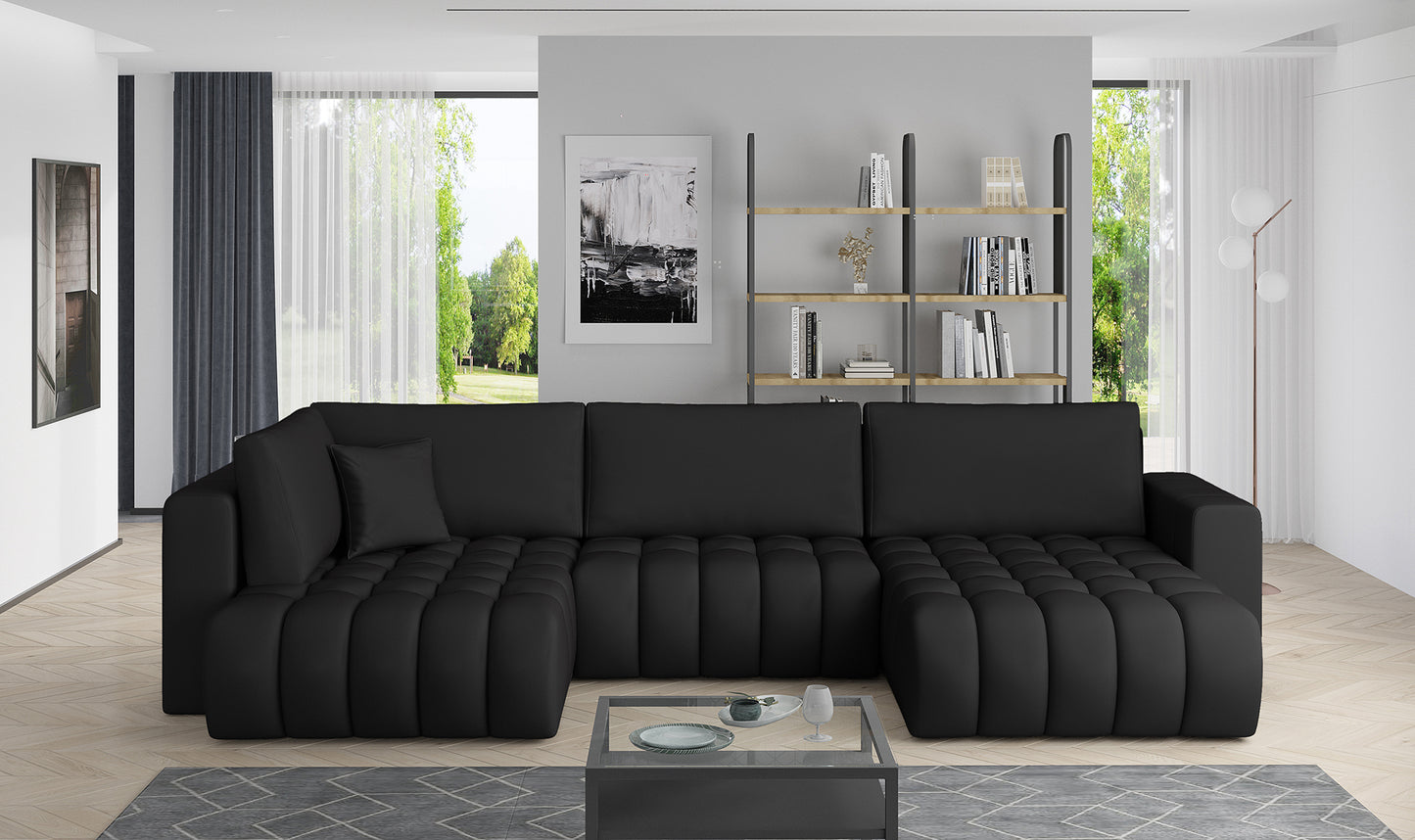 Narożnik Bonito w tkaninie Softis 11 czarny, modułowa sofa narożna ustawiona w nowoczesnym salonie