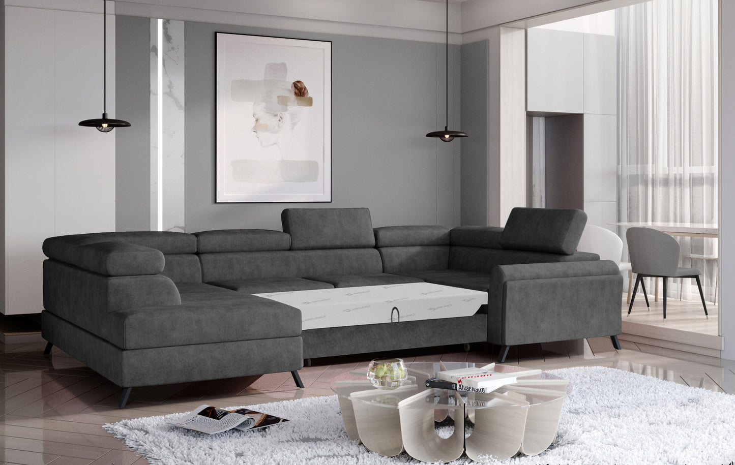 Nowoczesny narożnik Escada lewy Dora 96 w czarnym kolorze z funkcją spania, idealny do eleganckiego salonu