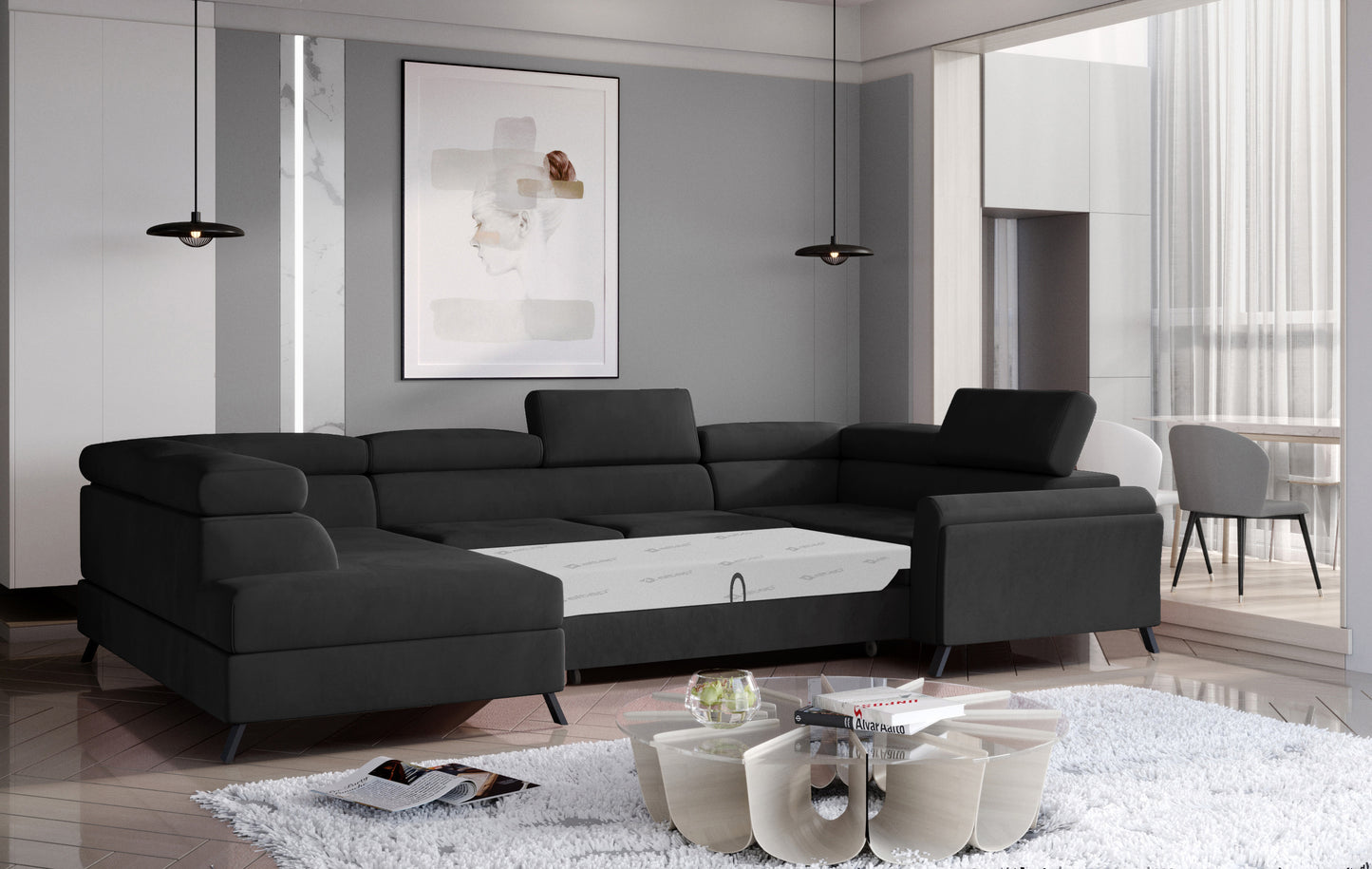 Nowoczesny narożnik Escada lewy w czarnym welurze Matt Velvet 99 z funkcją spania do salonu w stylu eleganckim i minimalistycznym.