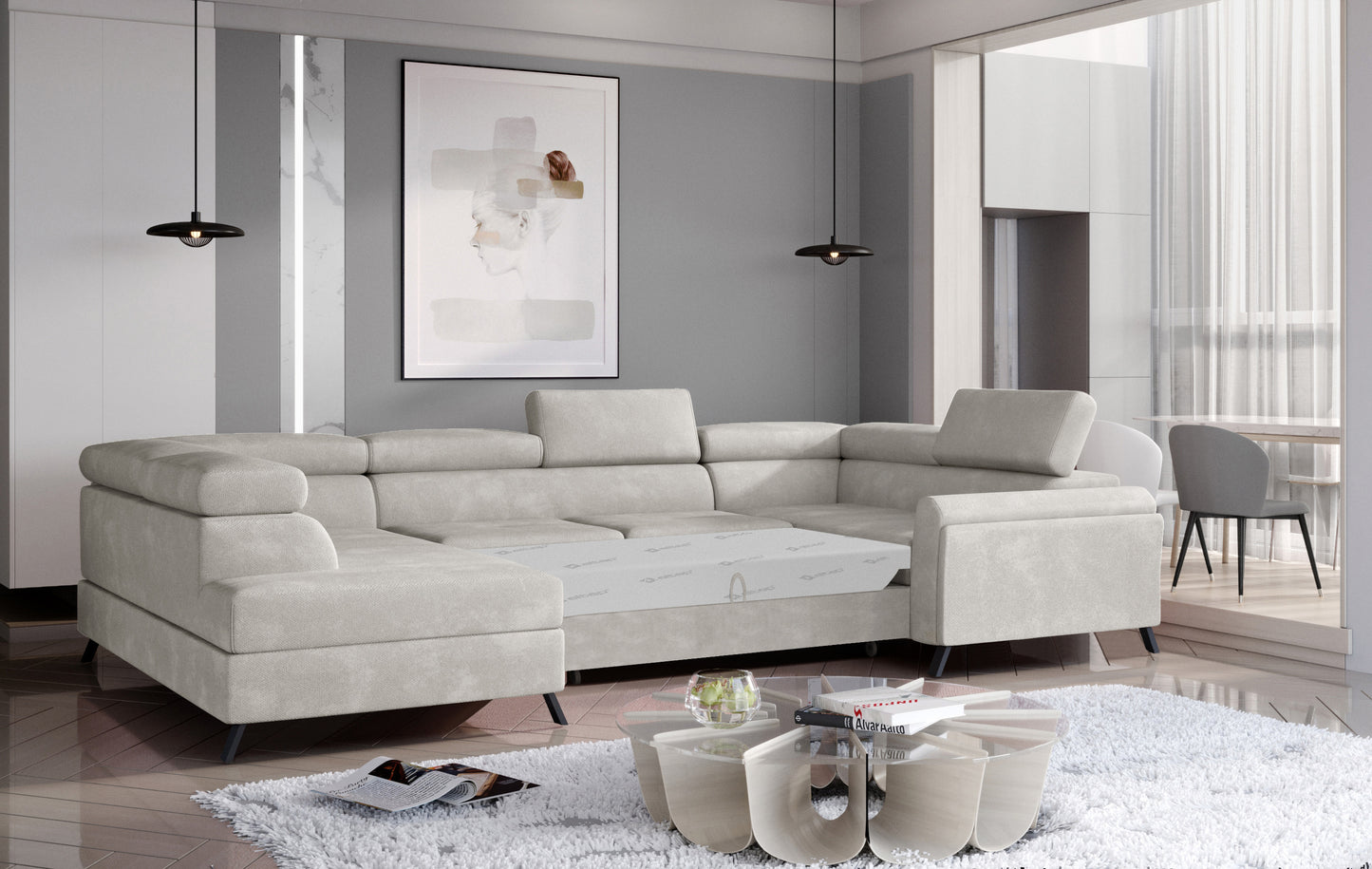 Beżowy narożnik Escada z funkcją spania i regulowanymi zagłówkami, idealny do nowoczesnego salonu w stylu skandynawskim.