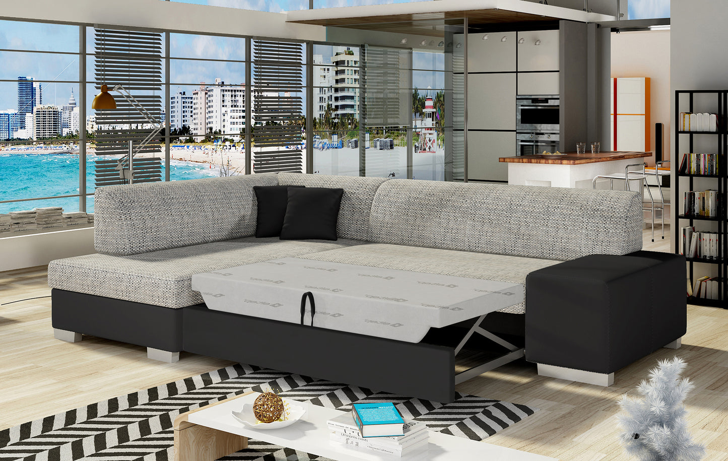 Narożnik Fabio ELTAP rozłożony do spania, układ lewy – prezentacja funkcji spania (Berlin 01 / Soft 11)