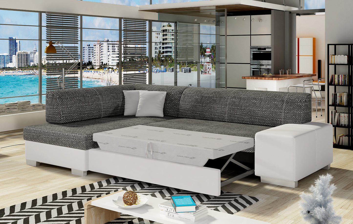 Narożnik Fabio ELTAP rozłożony do spania, układ lewy – prezentacja funkcji spania (Berlin 02 / Soft 17)