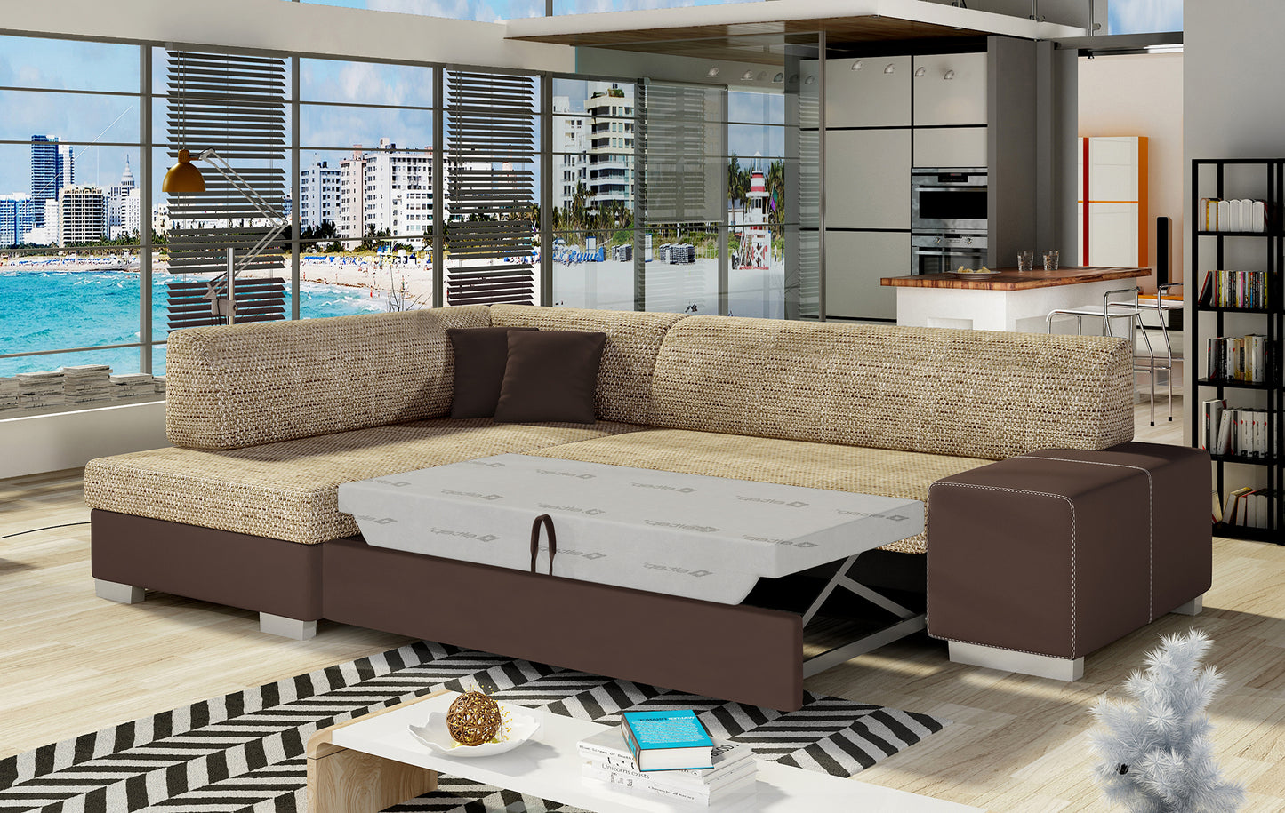 Narożnik Fabio ELTAP rozłożony do spania, układ lewy – prezentacja funkcji spania (Berlin 03 / Soft 66)