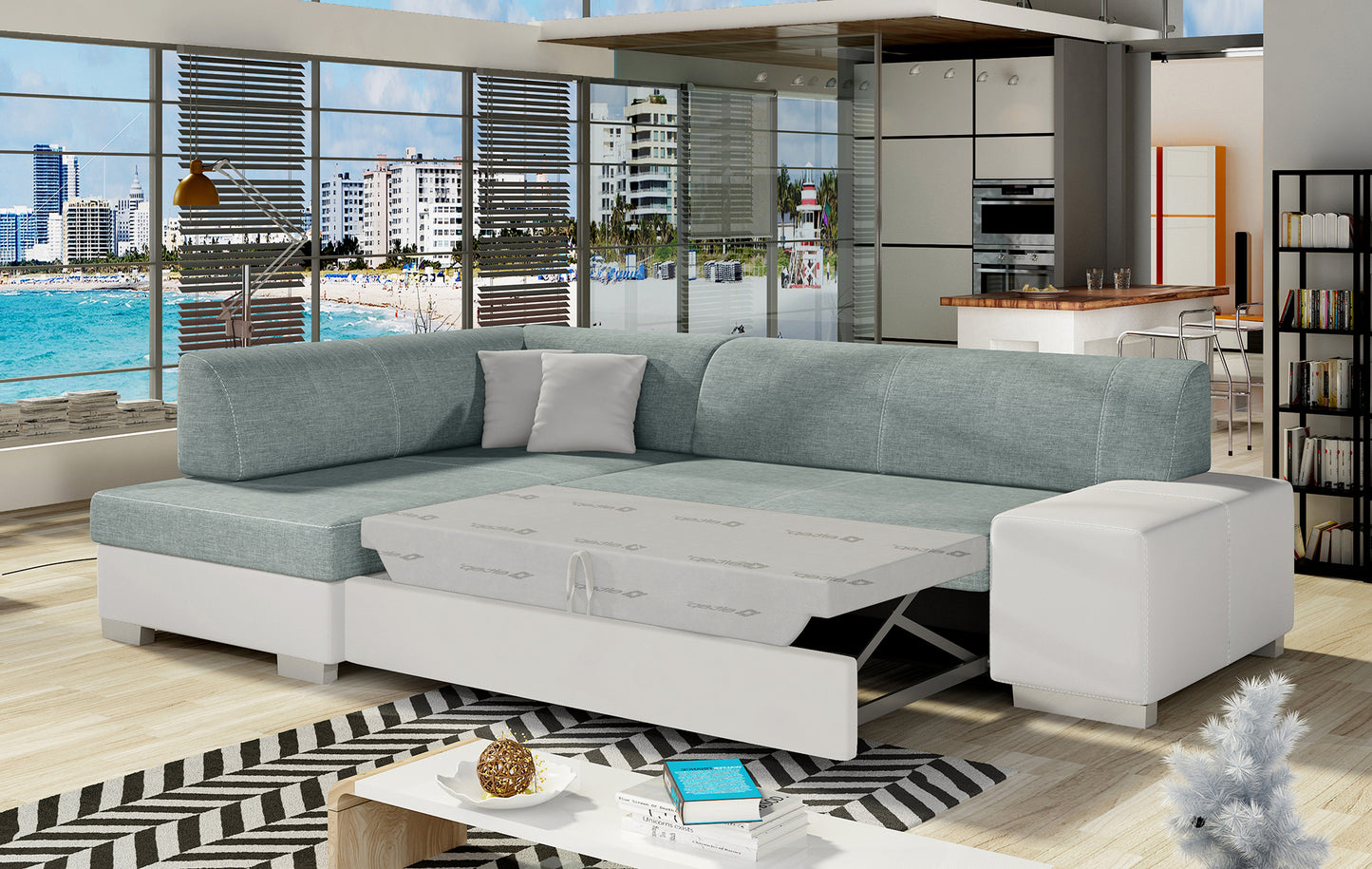 Narożnik Fabio ELTAP rozłożony do spania, układ lewy – prezentacja funkcji spania (Cover 70 / Soft 17)