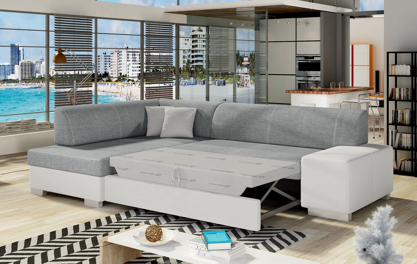 Narożnik Fabio ELTAP rozłożony do spania, układ lewy – prezentacja funkcji spania (Cover 83 / Soft 17)