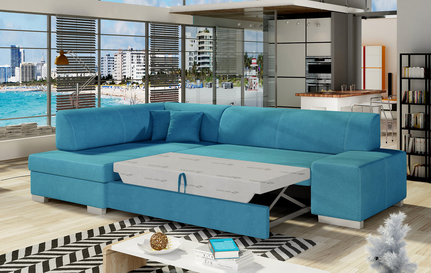 Narożnik Fabio ELTAP rozłożony do spania, układ lewy – prezentacja funkcji spania (Orinoco 85)