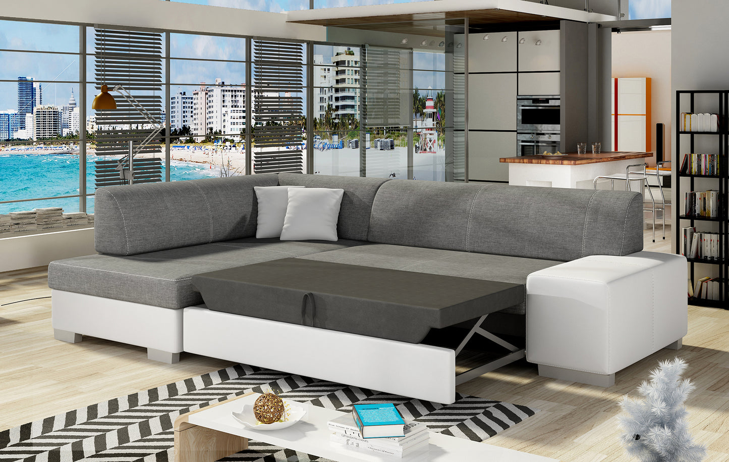 Narożnik Fabio ELTAP rozłożony do spania, układ lewy – prezentacja funkcji spania (Sawana 05 / Soft 17)