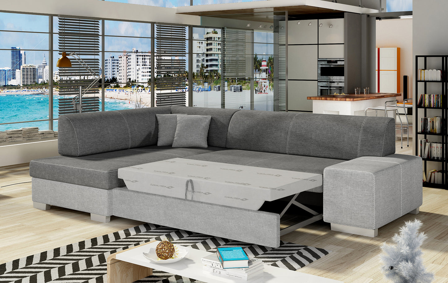 Narożnik Fabio ELTAP rozłożony do spania, układ lewy – prezentacja funkcji spania (Sawana 05 / Sawana 21)