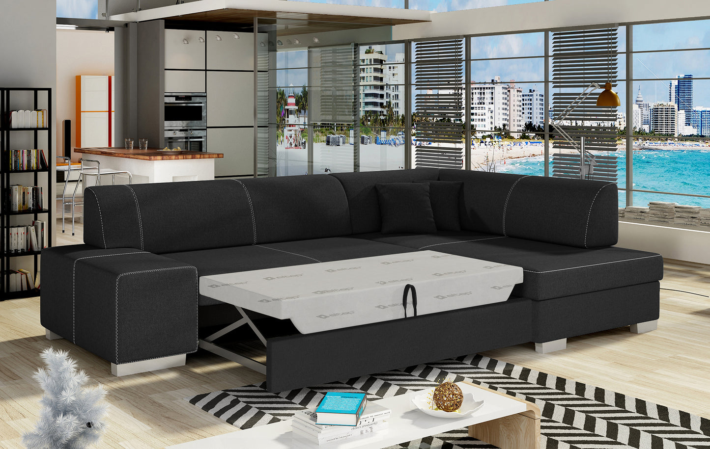 Narożnik Fabio ELTAP rozłożony do spania, układ prawy – prezentacja funkcji spania