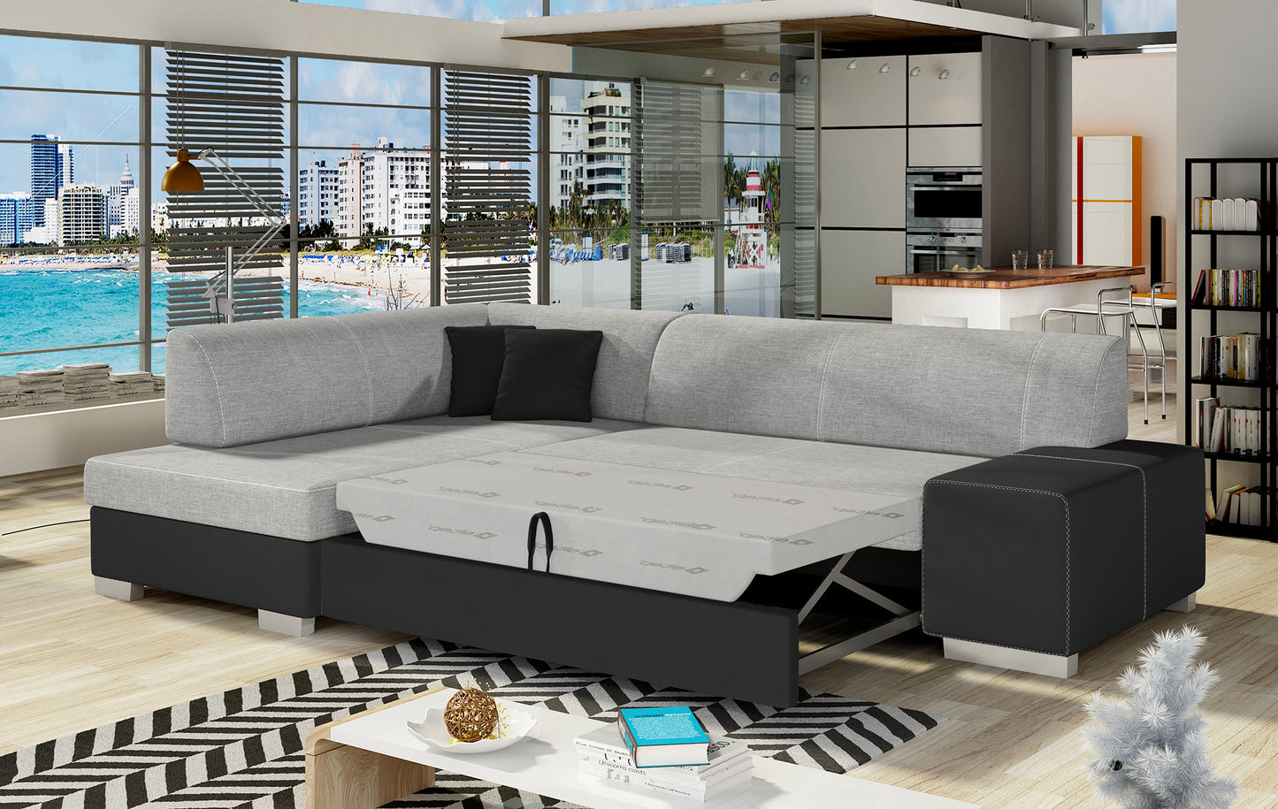 Narożnik Fabio ELTAP rozłożony do spania, układ lewy – prezentacja funkcji spania (Sawana 21 / Soft 11)