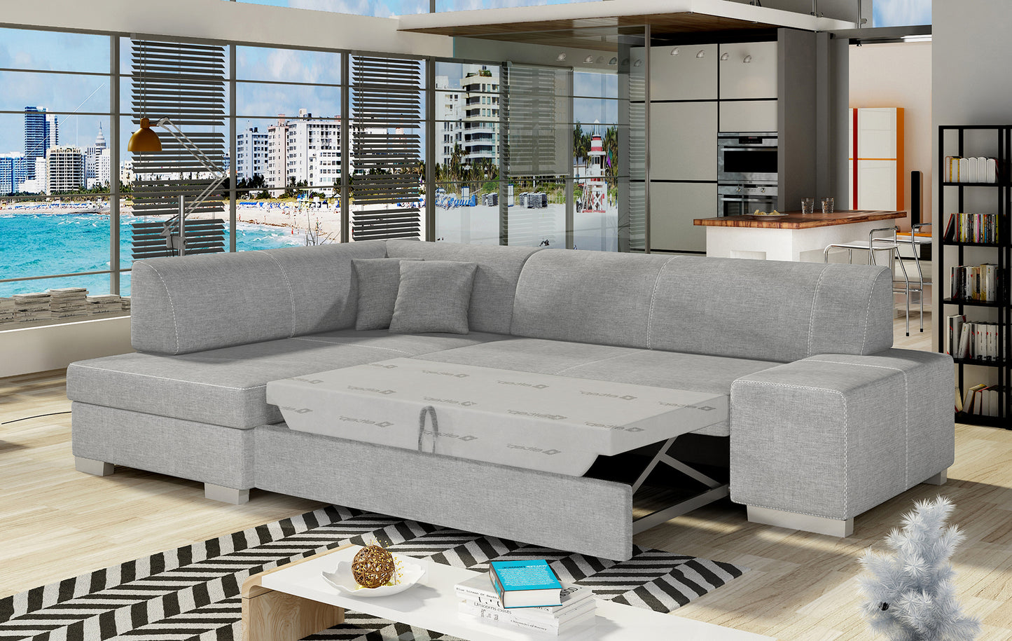 Narożnik Fabio ELTAP rozłożony do spania, układ lewy – prezentacja funkcji spania (Sawana 21 jasnoszary)