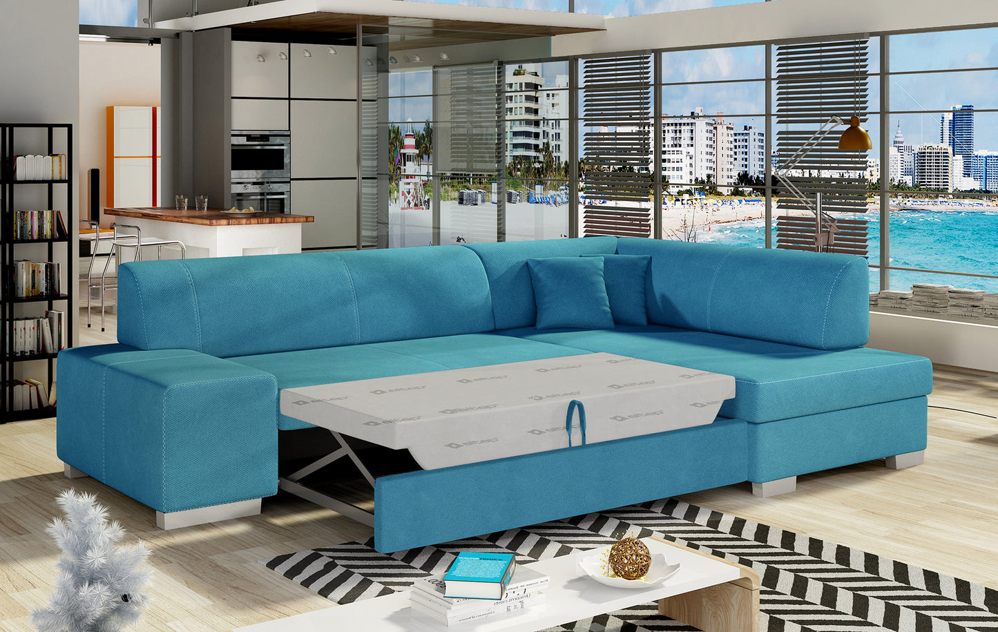 Narożnik Fabio ELTAP, Orinoco 85 jasnoniebieski, układ prawy – zbliżenie na wykończenie, model z funkcją spania