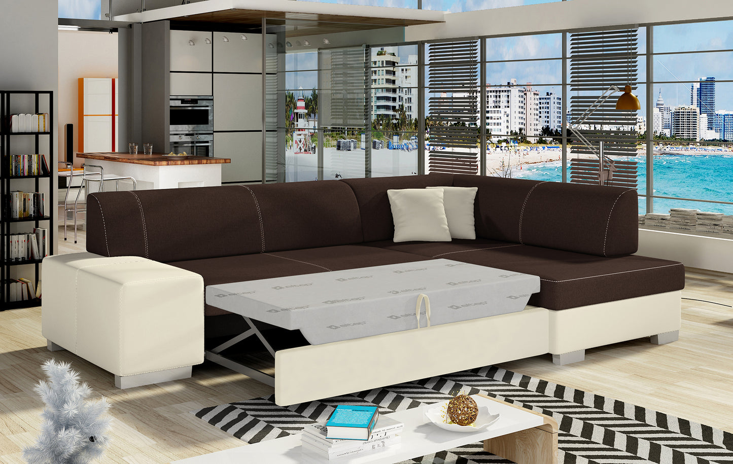 Narożnik Fabio ELTAP, obicie Sawana 26 brązowy i Soft 33 beżowy – zbliżenie na wykończenie, układ prawy