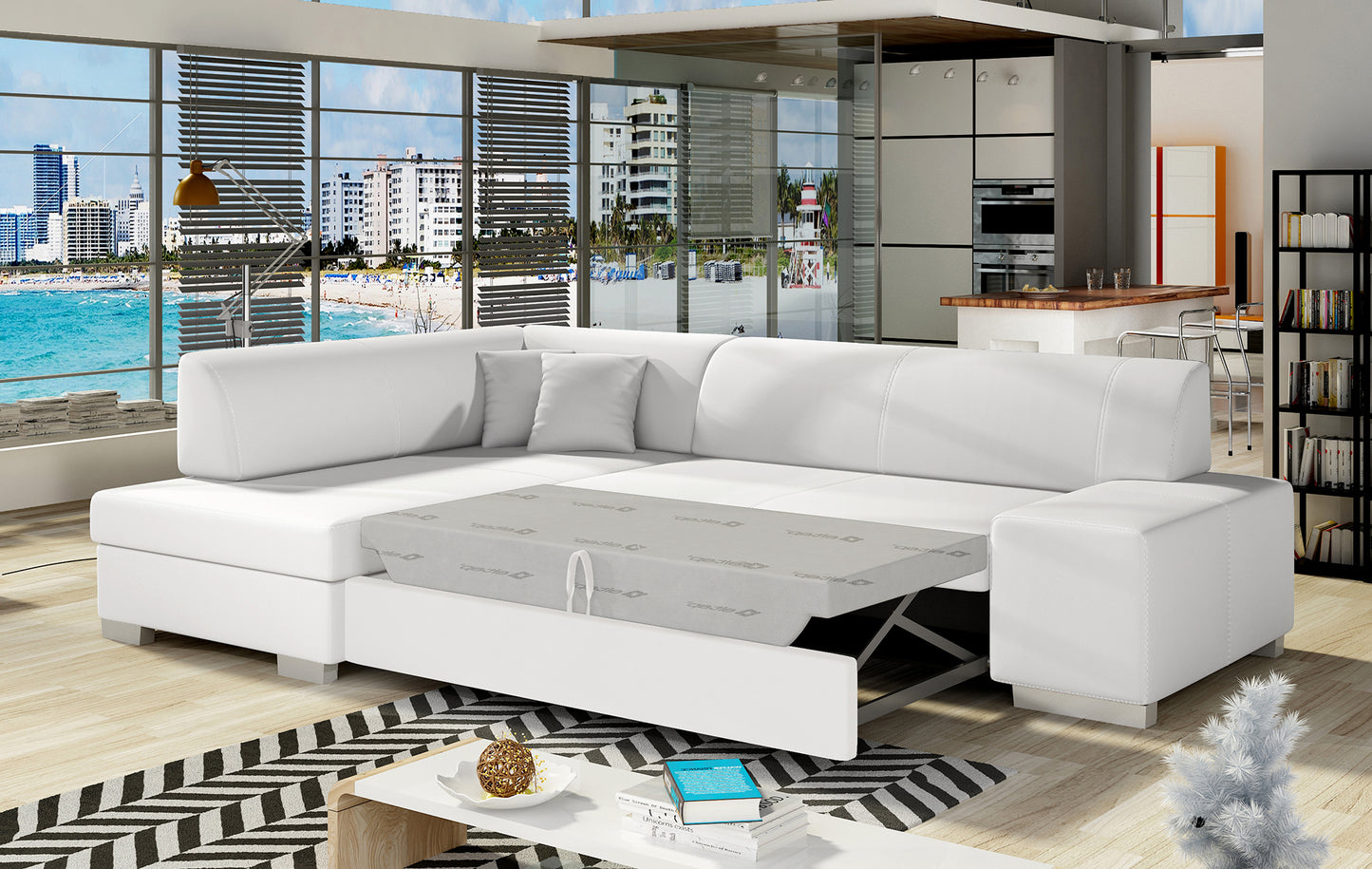 Narożnik Fabio ELTAP rozłożony do spania, układ lewy – prezentacja funkcji spania (Soft 17 biały)