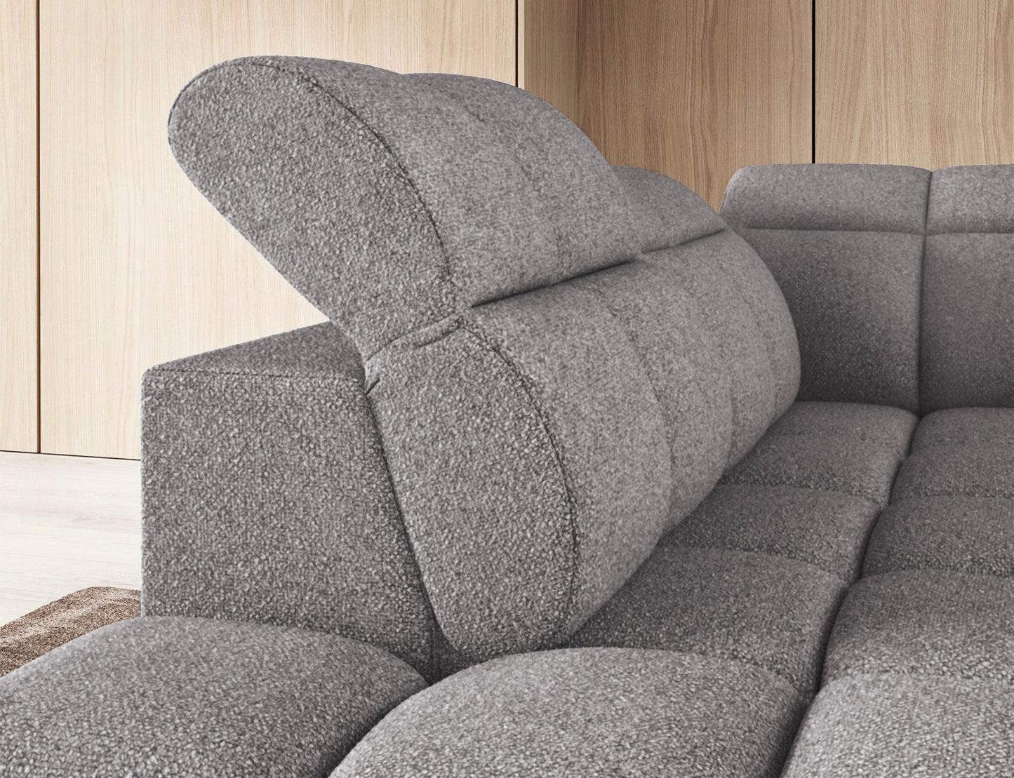 Narożnik Falconn Paolli 04 jasnoszary detal oparcia z regulowanym zagłówkiem, miękka tkanina i nowoczesny design do salonu.