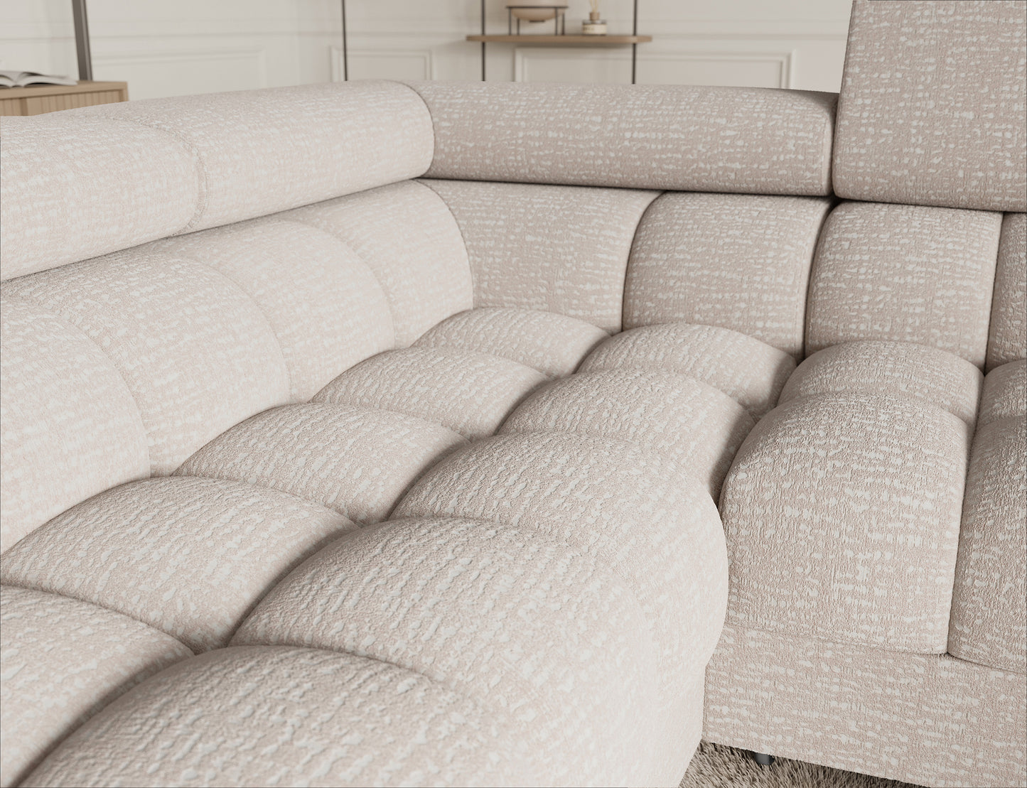 Zbliżenie na pikowane siedzisko narożnika Fectory Baffix 20 beżowy – tkanina o dekoracyjnej strukturze.