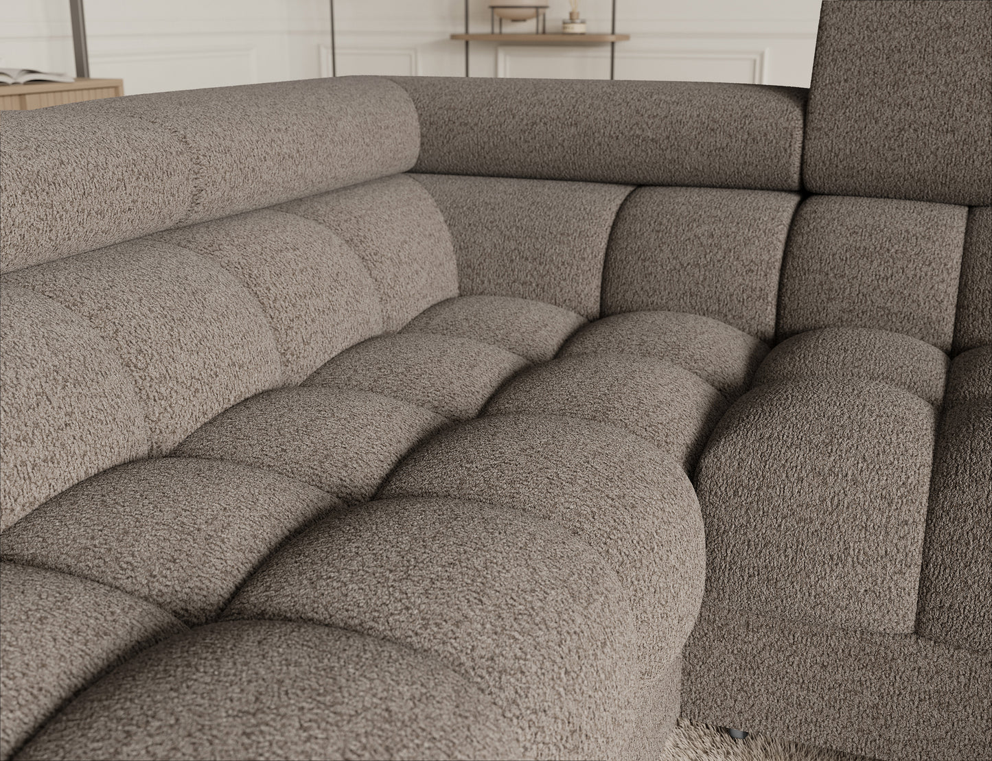 Narożnik Fectory w ciemnym beżu, minimalistyczny i komfortowy, doskonale komponujący się w nowoczesnych aranżacjach wnętrz.