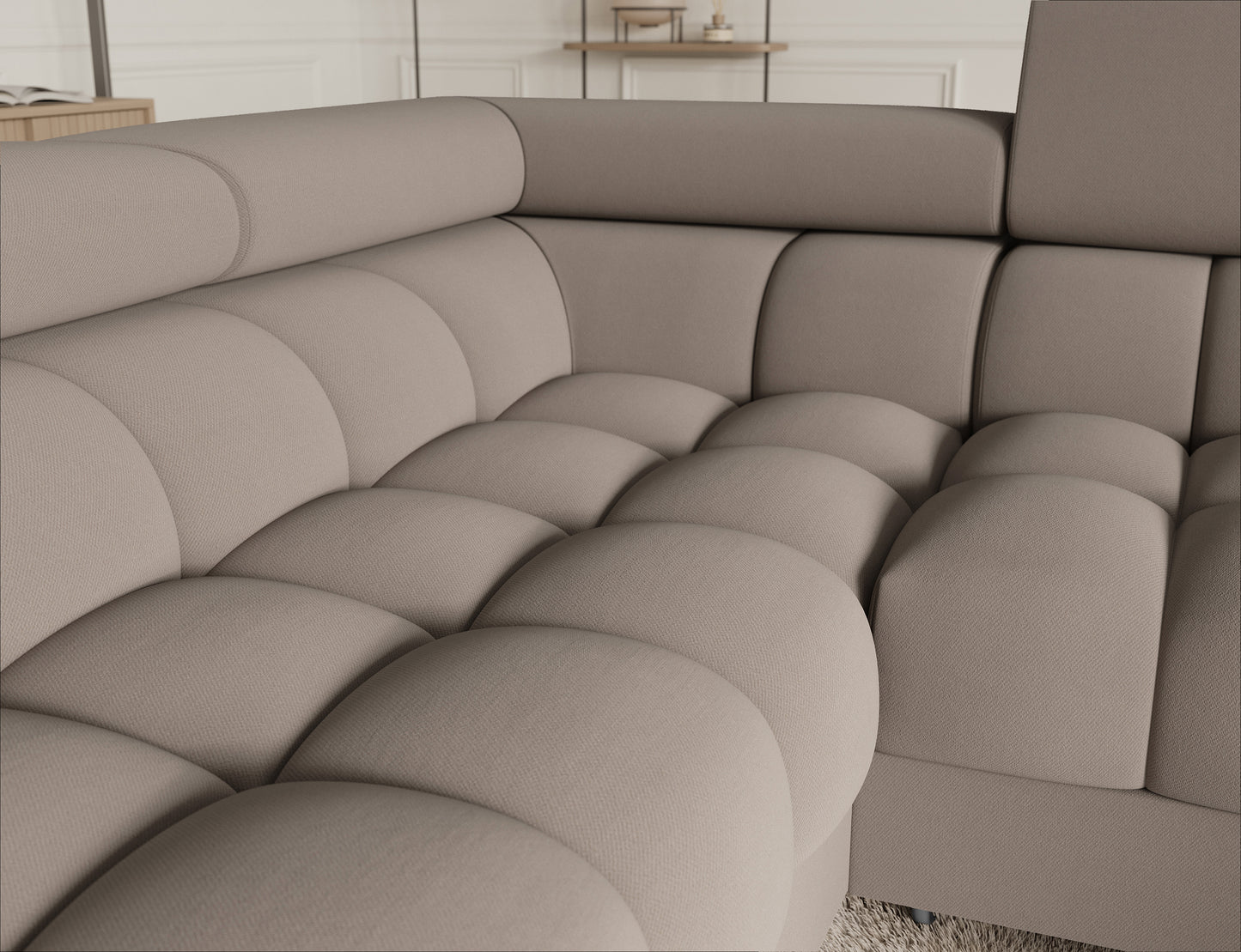 Narożnik z funkcją spania i pojemnikiem na pościel w stylu nowoczesnym. Tkanina Sola 18 beżowa dodaje elegancji, a metalowe nogi zapewniają stabilność.