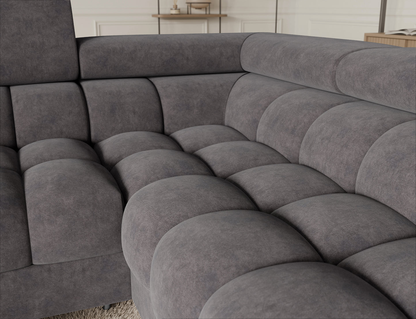 Narożnik Fectory z funkcją spania i dodatkowymi akcentami, oferujący komfort i nowoczesny wygląd w jednym.