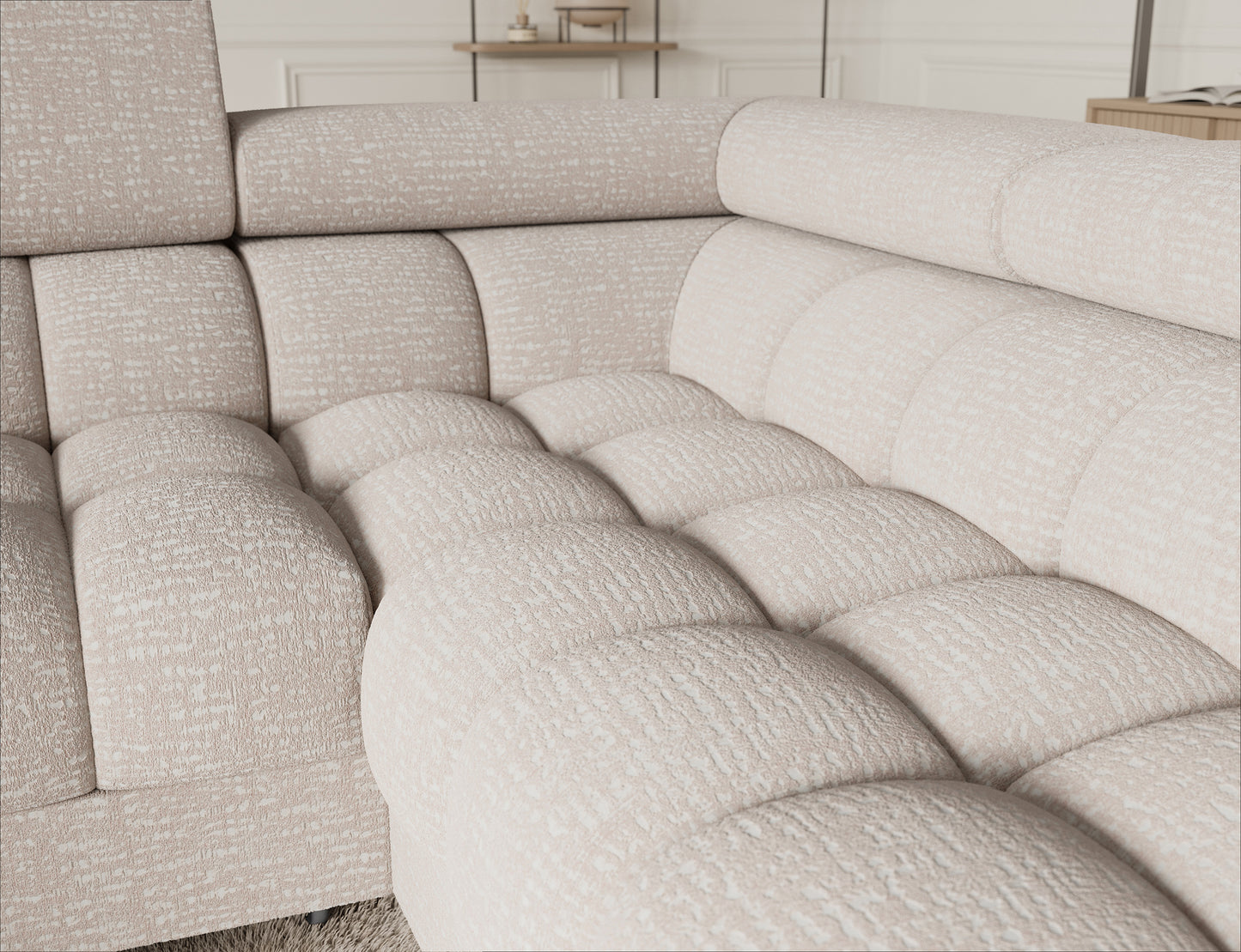 ELTAP narożnik Fectory prawy Baffix 20 beżowy – narożne siedzisko z głębokim pikowaniem, szerokie oparcie, wygodne strefy relaksu