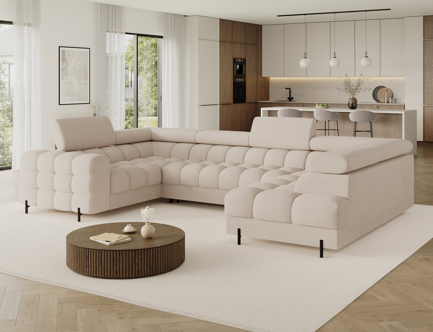 Narożnik Fectory Calmora 18 beżowy w przestronnym salonie z aneksem kuchennym – aranżacja nowoczesna.