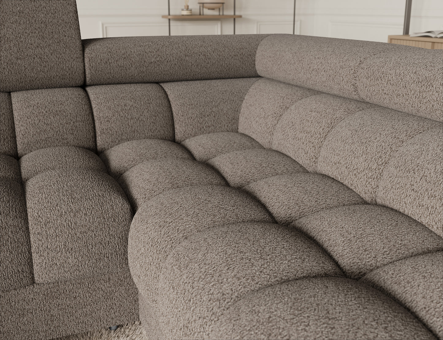 Zbliżenie na tapicerkę, która jest wyjątkowo miękka i przyjemna w dotyku, idealna do długiego odpoczynku.