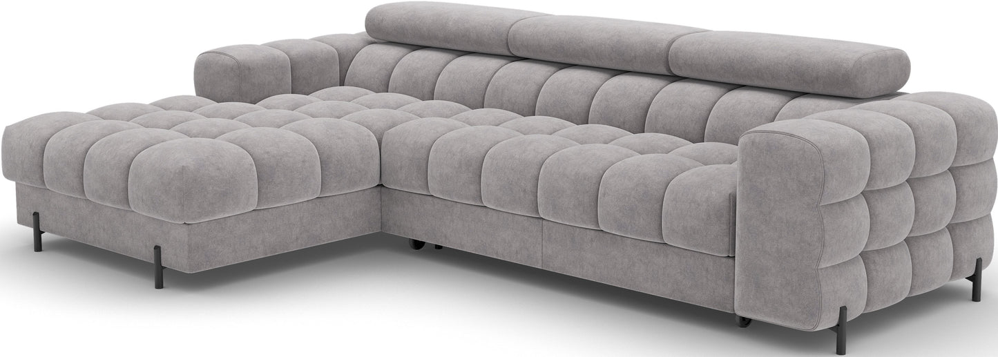 Narożnik Felro wyróżnia się unikalnym designem inspirowanym luksusowym pikowaniem, zapewniając elegancki wygląd i wyjątkowy komfort użytkowania.