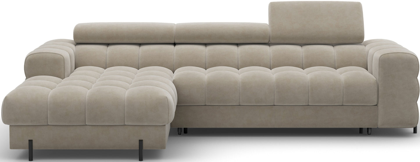 Narożnik Felro Aura 18 kremowy – elegancki design, funkcja spania, pojemnik na pościel i wysokie metalowe nogi. Idealny do nowoczesnych wnętrz.
