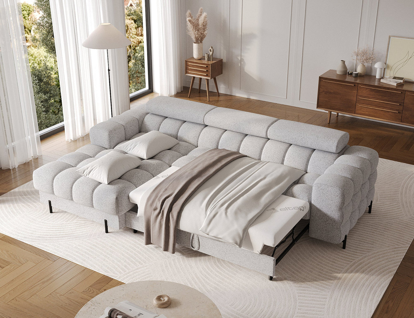 Narożnik Felro w tkaninie Pellerito 03 w jasnoszarej barwie, elegancki design z funkcją spania, idealny do nowoczesnych wnętrz.