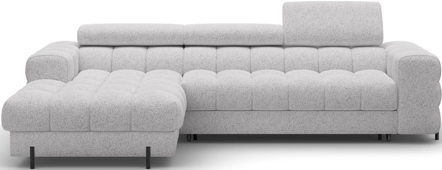 Narożnik Felro w tkaninie Pellerito 03 w jasnoszarej barwie, ustawiony na wprost, elegancki design z funkcją spania i pojemnikiem na pościel.