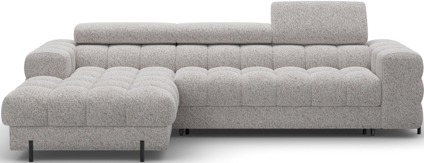 Narożnik Felro w tkaninie Pellerito 20 ciemnobeżowy, nowoczesny design, funkcja spania i pojemnik na pościel, eleganckie metalowe nogi.