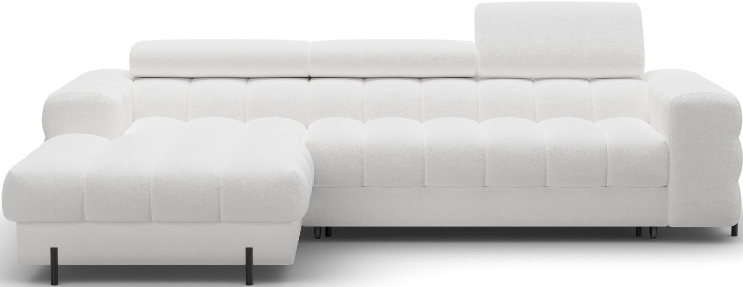 Narożnik Felro w białej barwie, minimalistyczna forma, funkcja spania typu Delfin, pojemnik na pościel i eleganckie metalowe nogi.