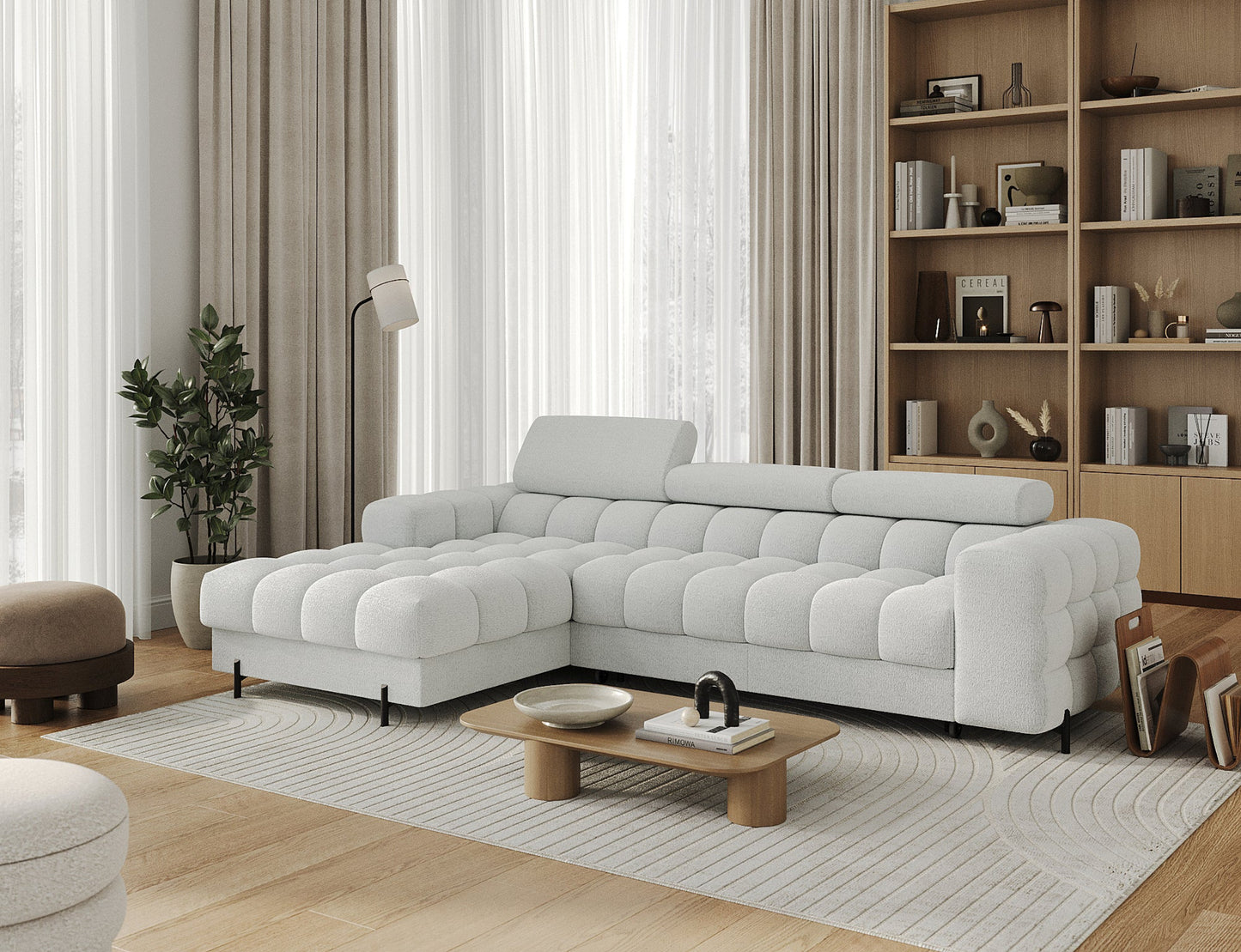 Dodatkowa aranżacja narożnika Felro w jasnoszarej barwie, nowoczesne wnętrze, elegancja i funkcjonalność w harmonijnym połączeniu.