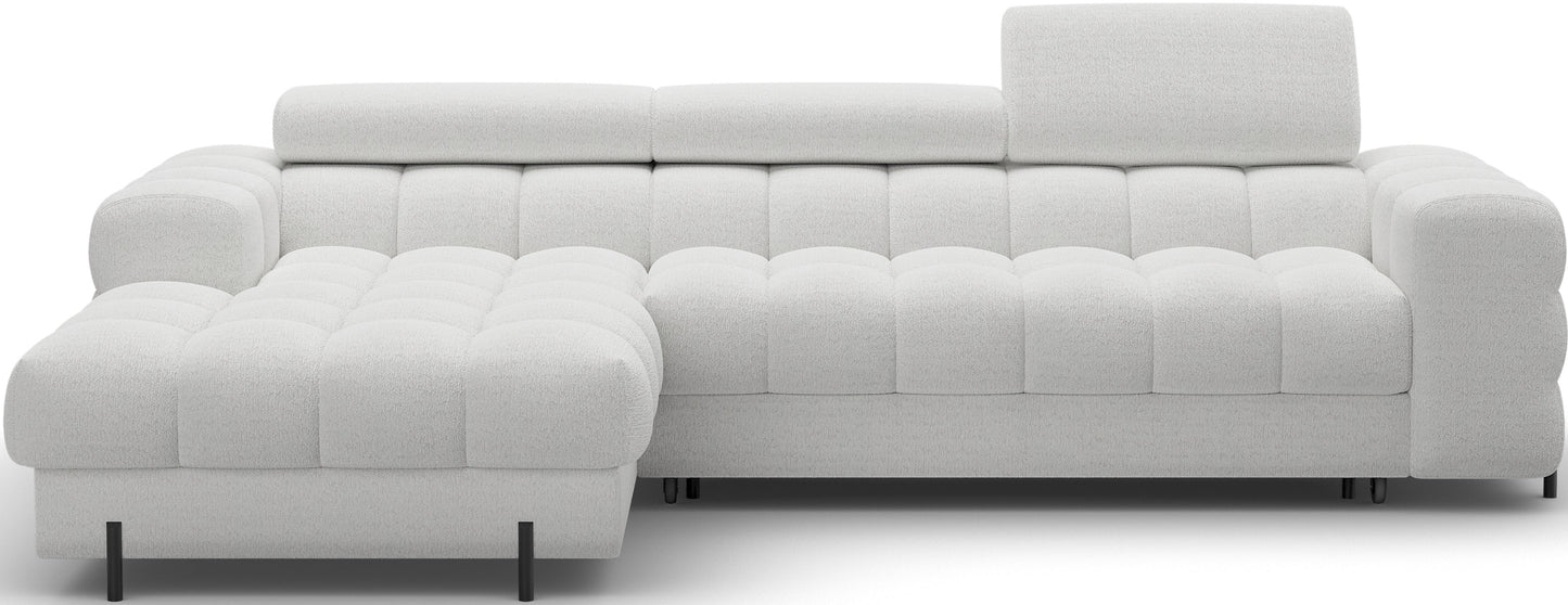 Narożnik Felro w jasnoszarej barwie, minimalistyczny design, funkcja spania Delfin, przestronne siedzisko i metalowe nogi.