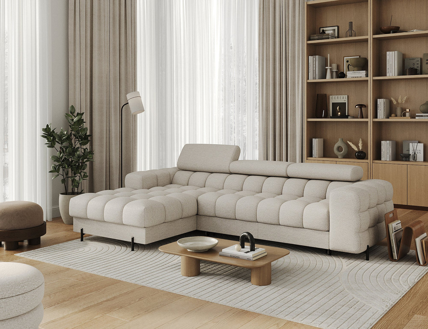 Dodatkowa aranżacja narożnika Felro w beżowym kolorze, elegancka kompozycja w nowoczesnym wnętrzu, łącząca funkcjonalność i estetykę.