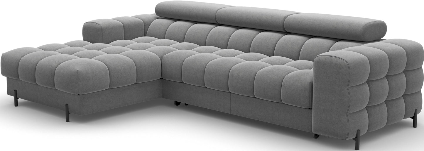 Narożnik Felro w szarym kolorze, elegancki design, ozdobne przeszycia i wygodne siedzisko, stylowe rozwiązanie do nowoczesnych wnętrz.