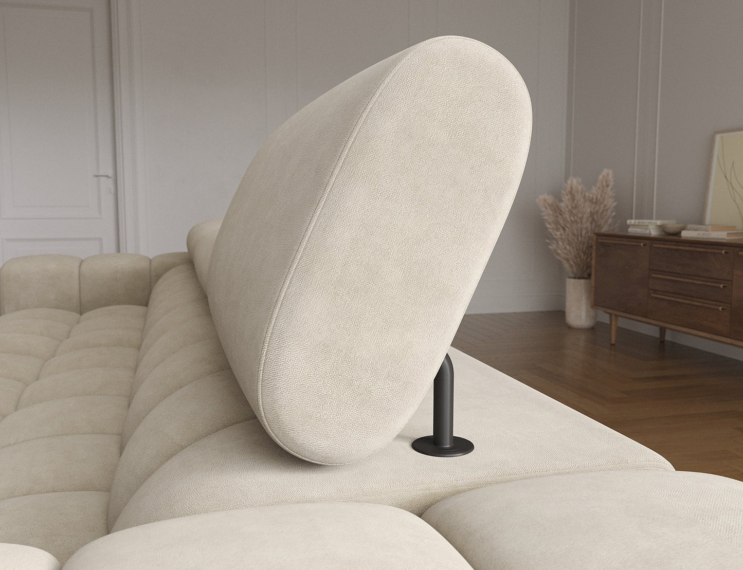 Ruchomy zagłówek narożnika Felro, zapewniający regulację dla optymalnego komfortu i wsparcia, idealny do nowoczesnych wnętrz.